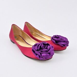 Dani Black Satin Ballet Flats Womens Size 7 Pink Purple Rosette Dressy Vtg Y2k